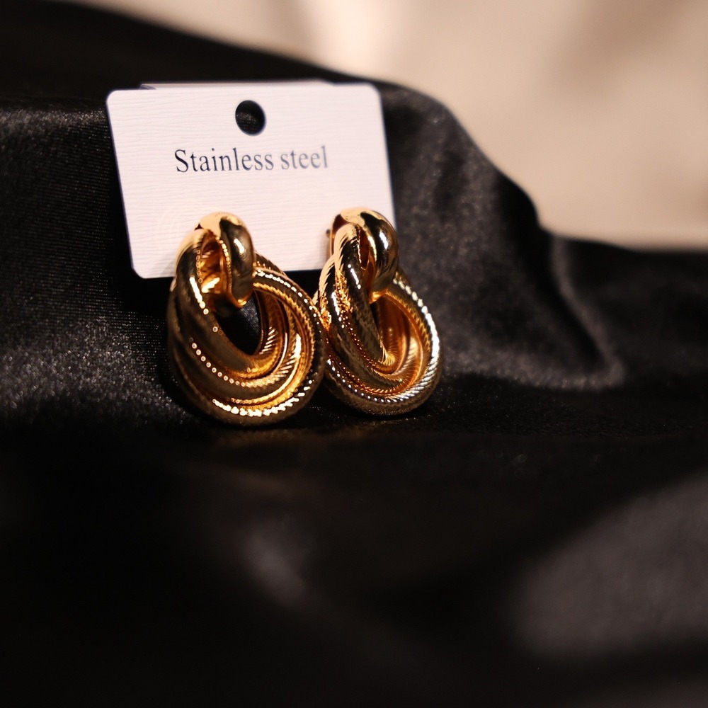 Gold Textured Triple Hoop Door Knocker Earrings Stainless Steel JW 009